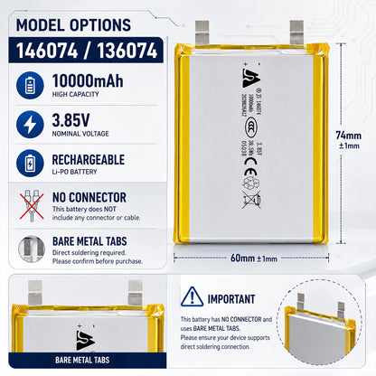 3.7V 10000mAh 146074/136074 Lithium Polymer Battery 3.85V Lipo Li-Po Rechargeable Batteries for Power Bank Laptop Hand Warmer