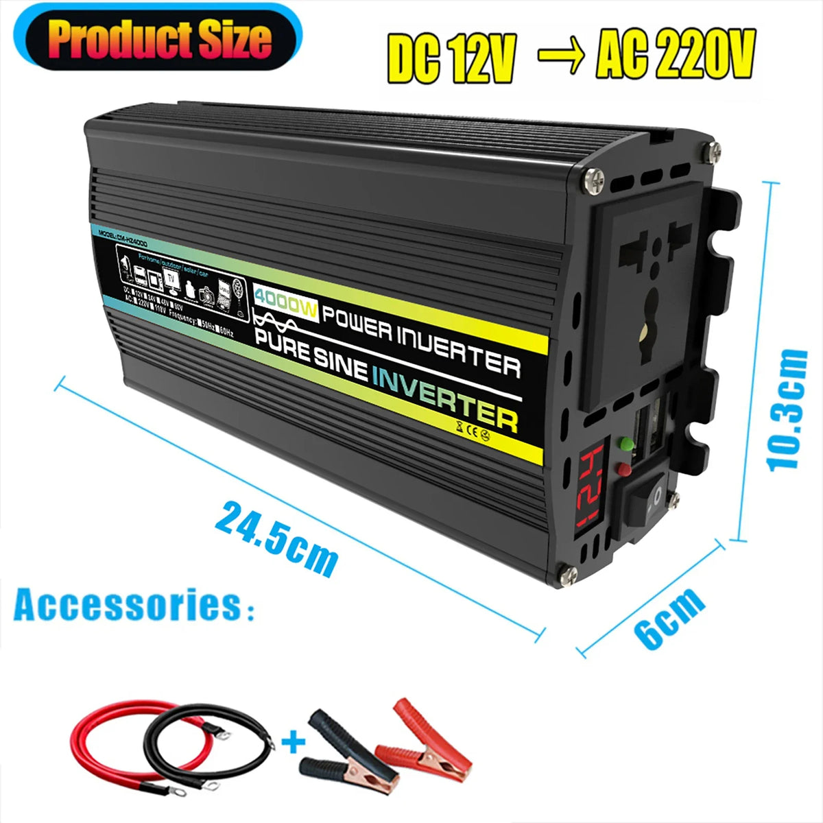 3000W-8000W Pure Sine Wave Power Inverter Voltage Transformer Intelligent Digital Display Car Home DC12V to AC 220V Converter