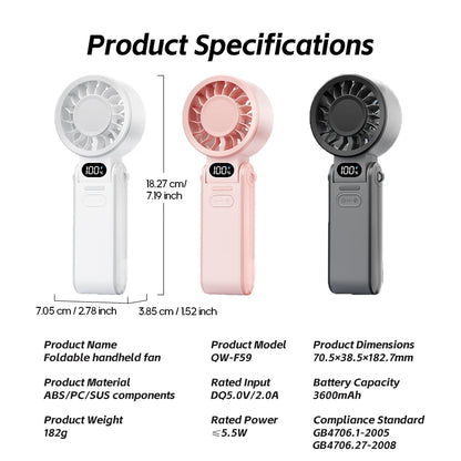 New Portable Handheld Fan 3600mAh USB Foldable Rechargeable Fan 100 Speed Adjustable Outdoor Cooling Fan W/ LED Digital Display