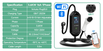 AFYEEV 3600W Portable Type2 IEC62196-2 EV Charger Type1 SAE J1772 Electric Car Charger GBT EVSE Charging Cable Wallbox EU Plug