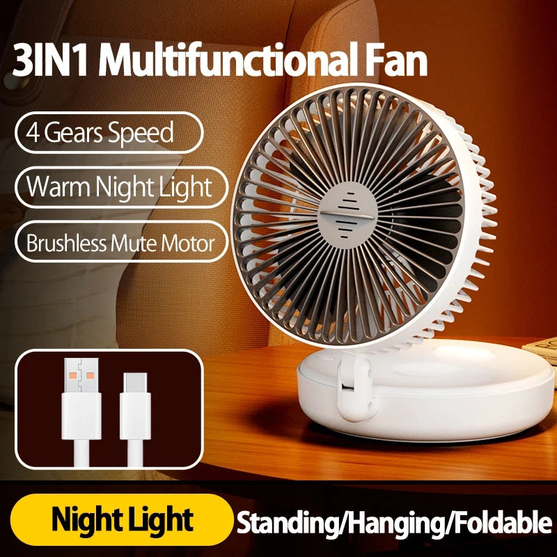 2026New Rechargeable 3IN1 Multifunctional Portable Fan Wall Mounted Fan 90° Folding Fan 4 Gears With Warm Night Light