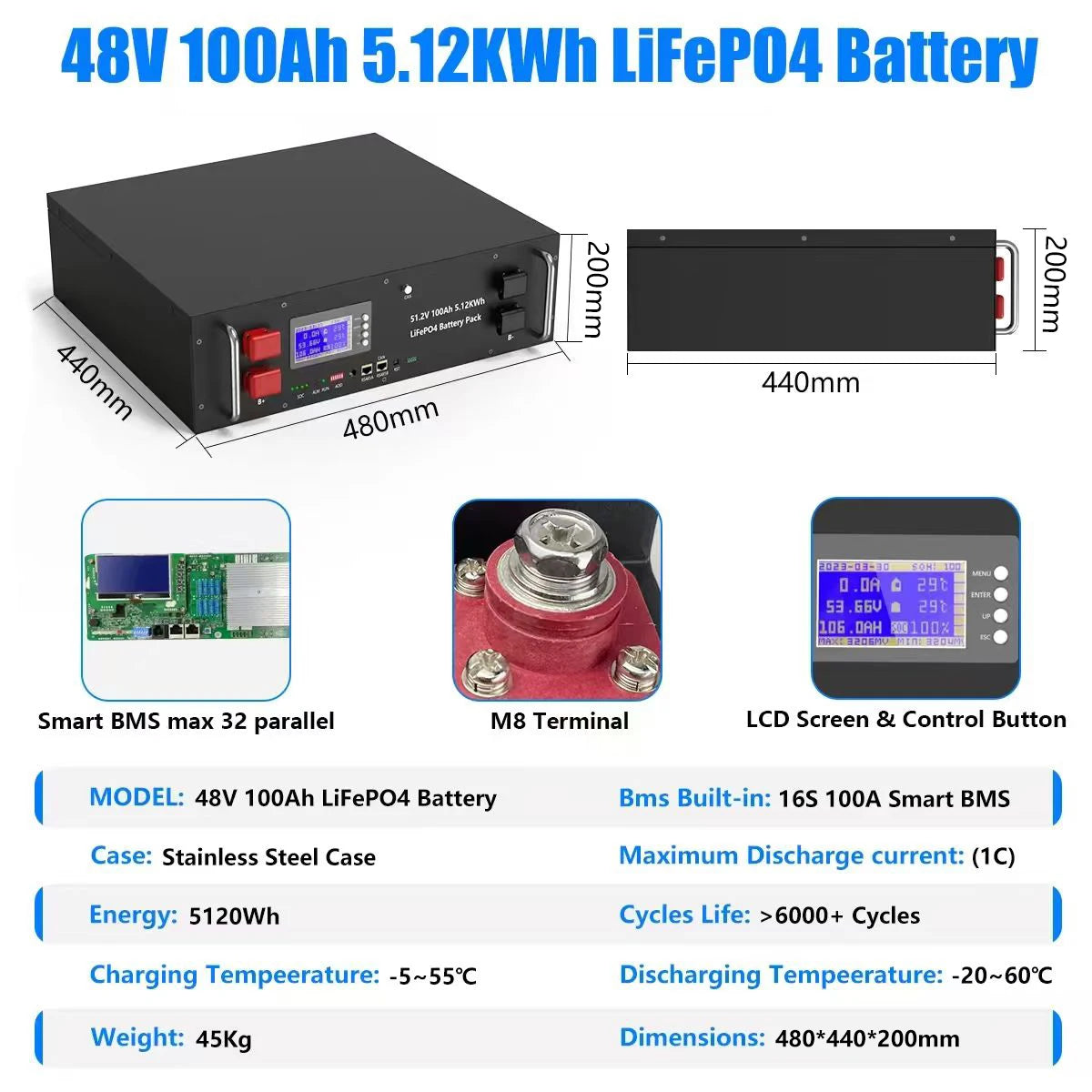 LiFePO4 Battery 48V 100AH 150AH 300AH 51.2V Lithium Solar Battery 6000+ Cycles With Bluetooth BMS For Home Storage EU Stock