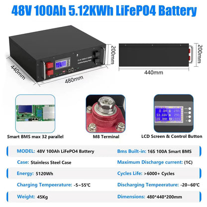 LiFePO4 Battery 48V 100AH 150AH 300AH 51.2V Lithium Solar Battery 6000+ Cycles With Bluetooth BMS For Home Storage EU Stock