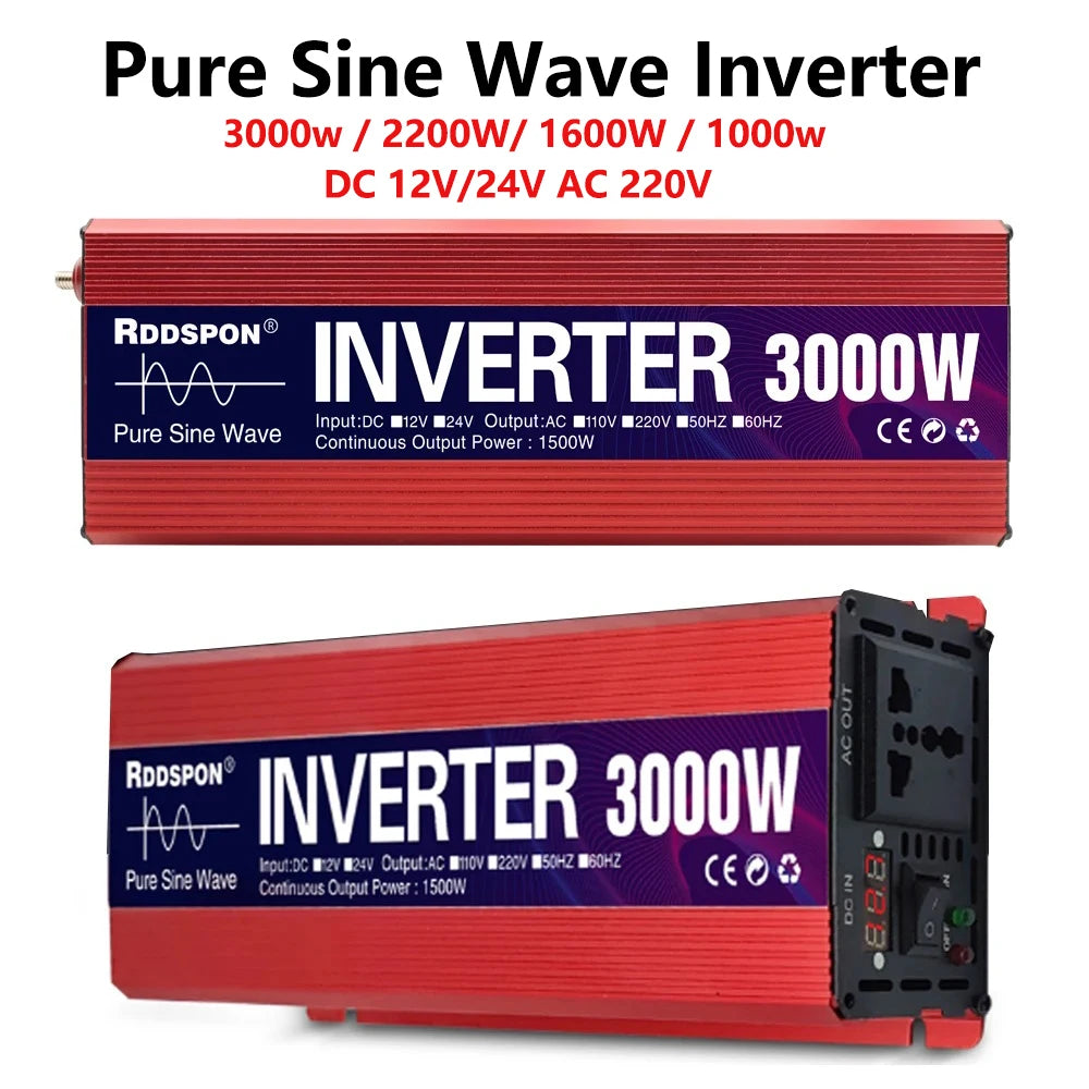 Pure Sine Wave Inverter 1000W 1600W 2200W 3000W Transformer Power  Converter Solar Inverters DC 12V To AC 110V 220V 50Hz