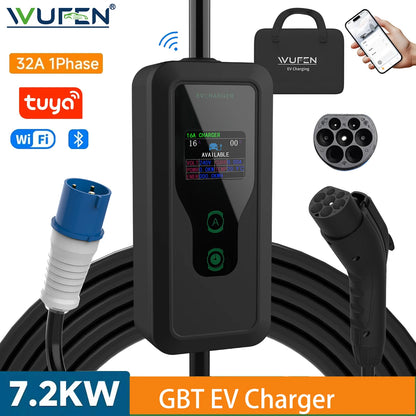 WUFEN GBT/Type1/Type2/NACS Portable EV Charger 250V 7KW 32A 1P Wall mounted EVSE Fast Charging Cable CEE Plug Tuya APP Control