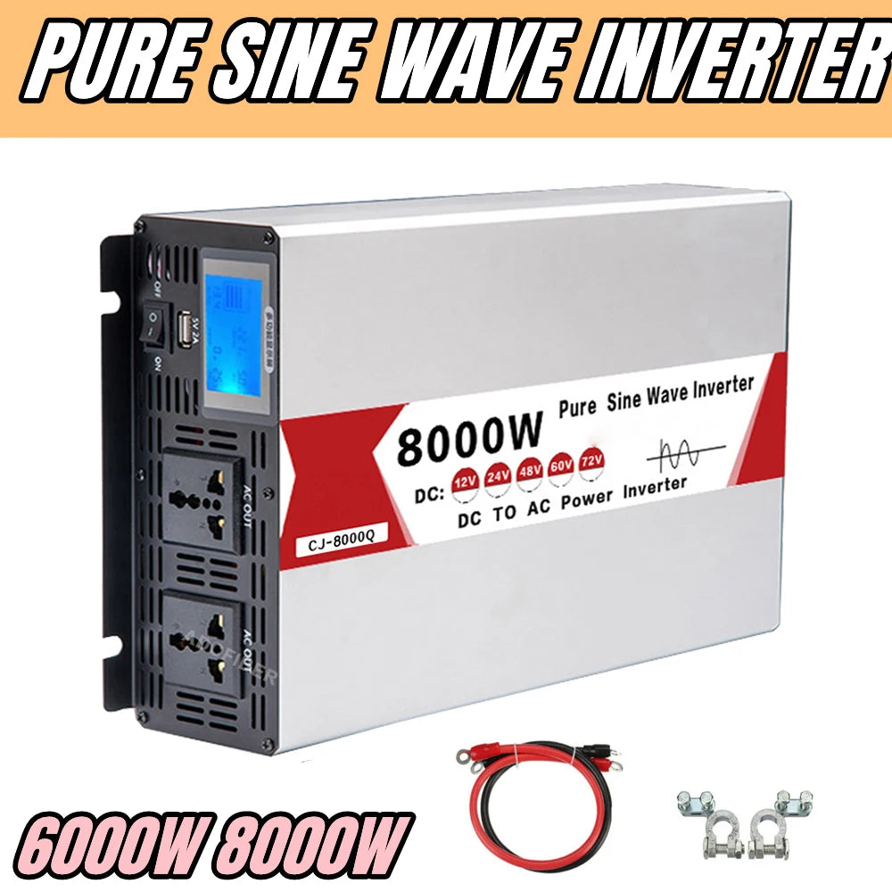 Inverter 12V 24V 48V 60V 72V To AC 220V Pure Sine Wave 60hz 6000W 8000W Power Inverter Frequency Converter Dual Socket With USB
