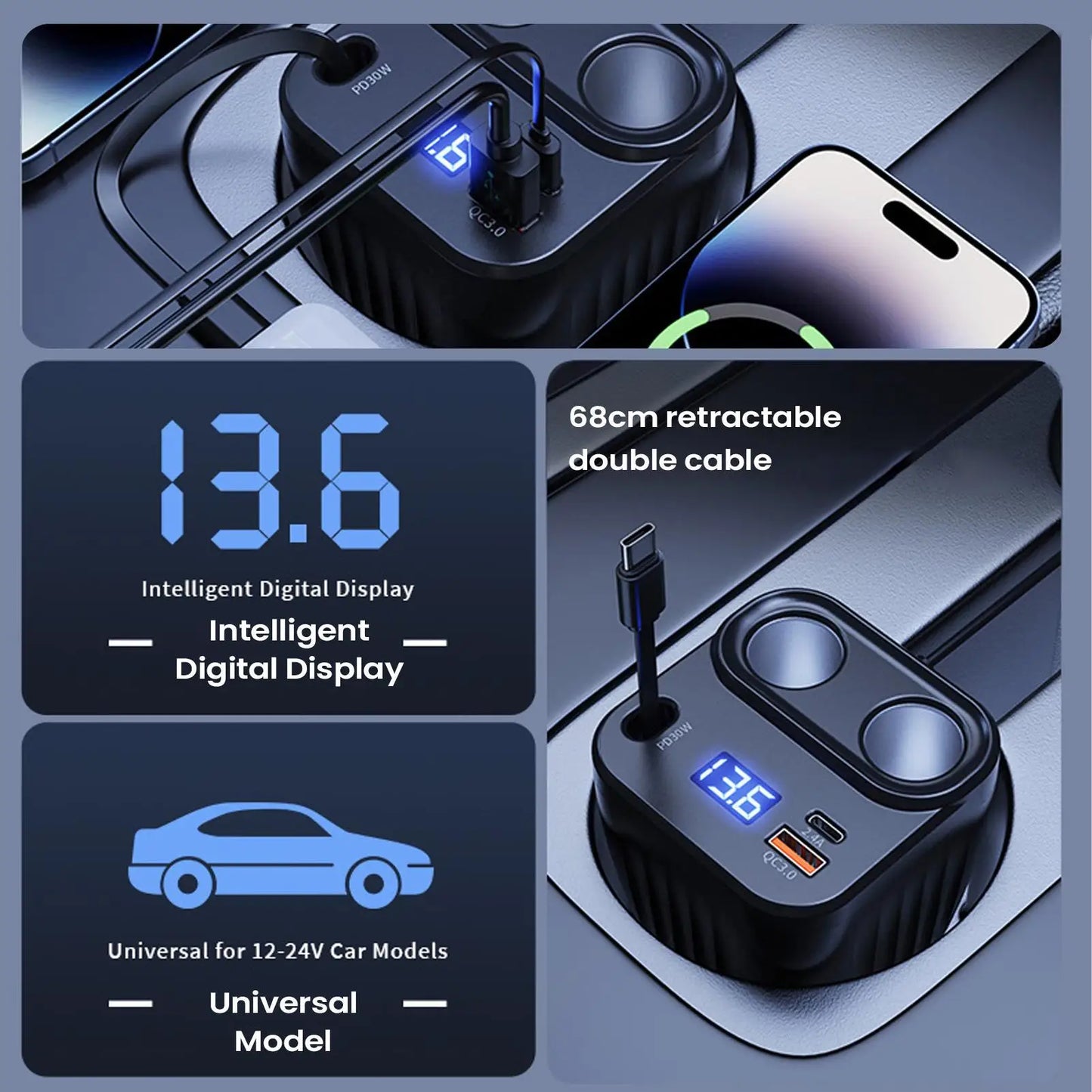 Car Chargers 60W Retractable Cable Anti-Slip Extension 2 Port Charger For Car For Battery Men Women Cell Phone Auto Truck