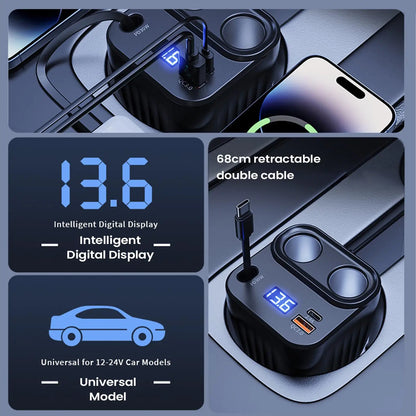 Car Chargers 60W Retractable Cable Anti-Slip Extension 2 Port Charger For Car For Battery Men Women Cell Phone Auto Truck