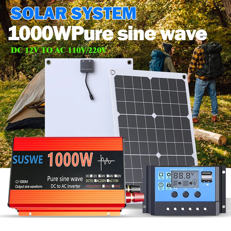Solar System Kit 1000W 12V to AC 220V/110V Inverter+600W Solar Panel+100A Controller, Suitable for Charging RVs, Cars, Laptops