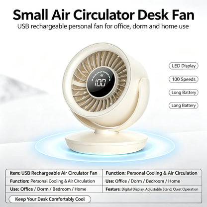 USB Rechargeable Air Circulator Fan with Digital Display Long Battery Life Small Desk Fan for Office Dorm Home Portable