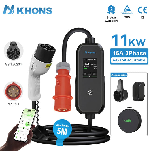 Khons 11KW 16A 3-Phase GB/T EV Charger Portable EVSE Charging Box with APP Control 5m TPU Cable For Electric Cars