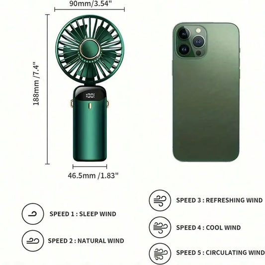 Portable rechargeable small fan, powerful fan that can also serve as a mobile phone stand, long battery life