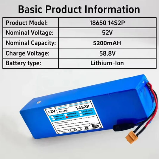 Batterie Li-ion 52V 5200mAH Avec BMS, 14S2P, Batterie 1500W Intégrée Pour Vélos, Scooters, Motos + Chargeur 58,8V2A