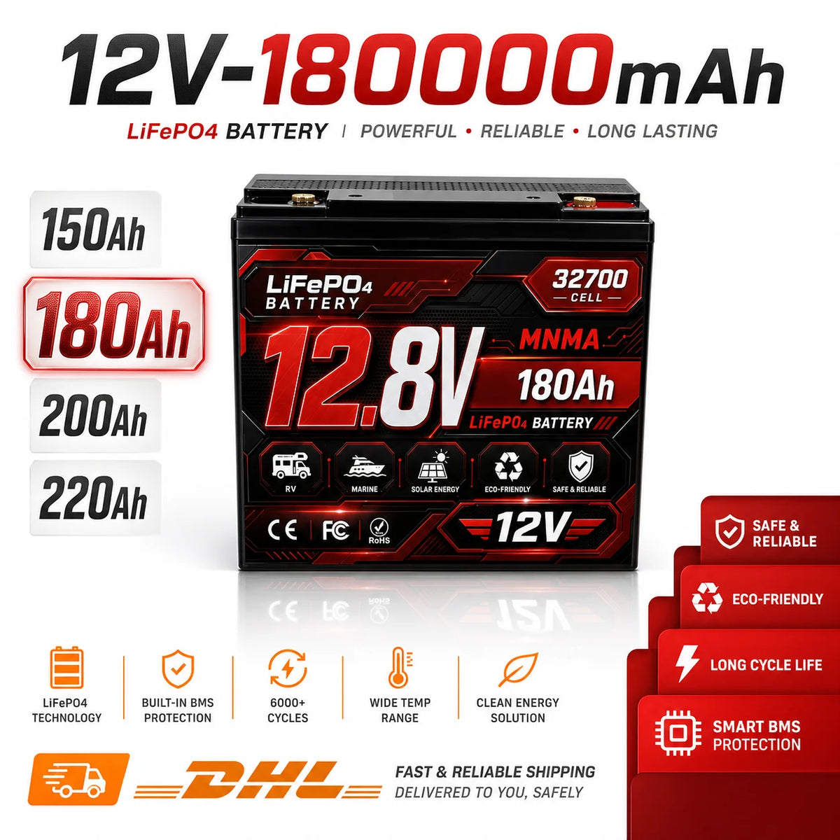 12V 180Ah 200Ah lithium iron phosphate energy storage power supply UPS RV outdoor camping built-in 100A BMS cold cycle 8000+