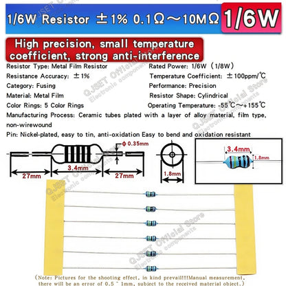 100pcs 1/4W Metal Film Resistor Element 1% 0.25W 1K 1.5K 2.2K 4.7K 10K 22K 47K 100K 470k 100 220  4K7 Ohm 5 Color Ring Resistors
