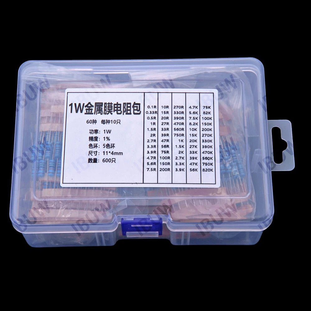 60Values 0.1R 100R 200R 1/2W 1W 2W 3W 1% Metal film resistors kit dip  300R 1K 2K 3K Resistor