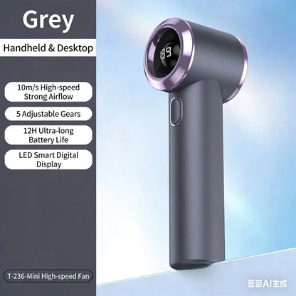 T-236 USB Rechargeable Mini Fan, 199 Speeds, LED Display, 12H Battery, Portable Handheld & Desktop Fan for Travel, Camping