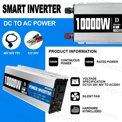 Smart Inverter 6000W-10000W DC 12V 24V 48V to AC 220V 50Hz Car Power Converter with USB Port for RV Truck Outdoor Camping Solar