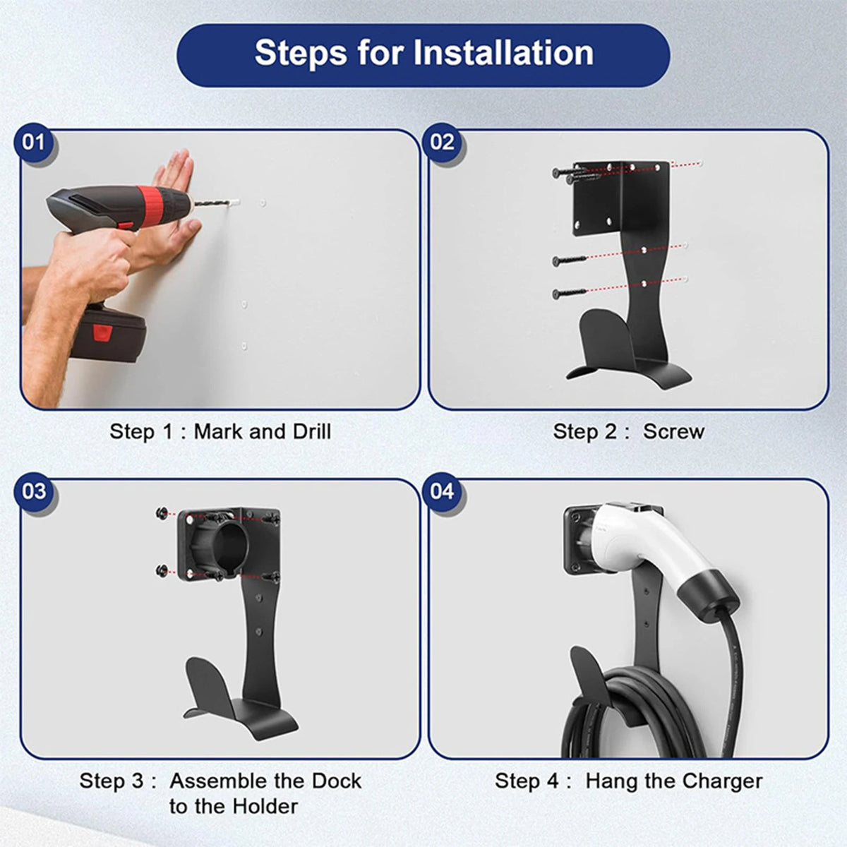 EV Charger Cable Holder Stainless Steel J1772 Charger Holder Wall Mounted Cable Organizer For EV Charging Accessories
