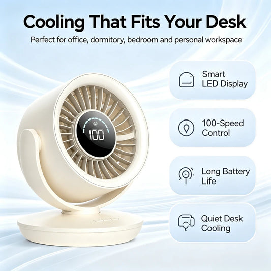 USB Rechargeable Air Circulator Fan with Digital Display Long Battery Life Small Desk Fan for Office Dorm Home Portable