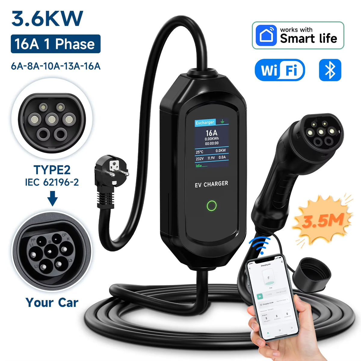 AFYEEV 3600W Portable Type2 IEC62196-2 EV Charger Type1 SAE J1772 Electric Car Charger GBT EVSE Charging Cable Wallbox EU Plug