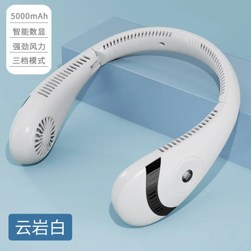 5000mAh Portable Hanging Neck Fan Foldable Summer Air Cooling USB Rechargeable Bladeless Mute Digital Display Fan for Sport