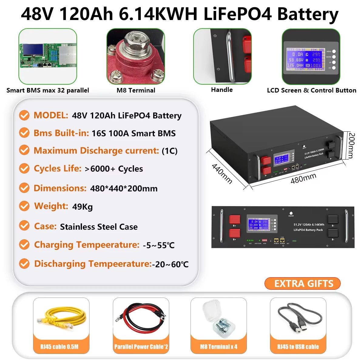 48V 100AH 150AH 200AH LiFePO4 Battery Pack 51.2V Lithium Solar Battery 6000+ Cycle Built-in 200A BMS RS485 CAN For Home Storage