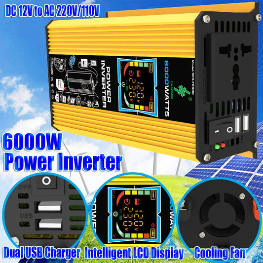 6000W Vehicle Solar Power Inverter DC 12V to AC 110V/220V with Dual USB Digital Display for RVs And Small Appliances