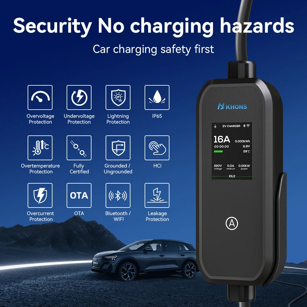 Khons 11KW 16A 3-Phase GB/T EV Charger Portable EVSE Charging Box with APP Control 5m TPU Cable For Electric Cars