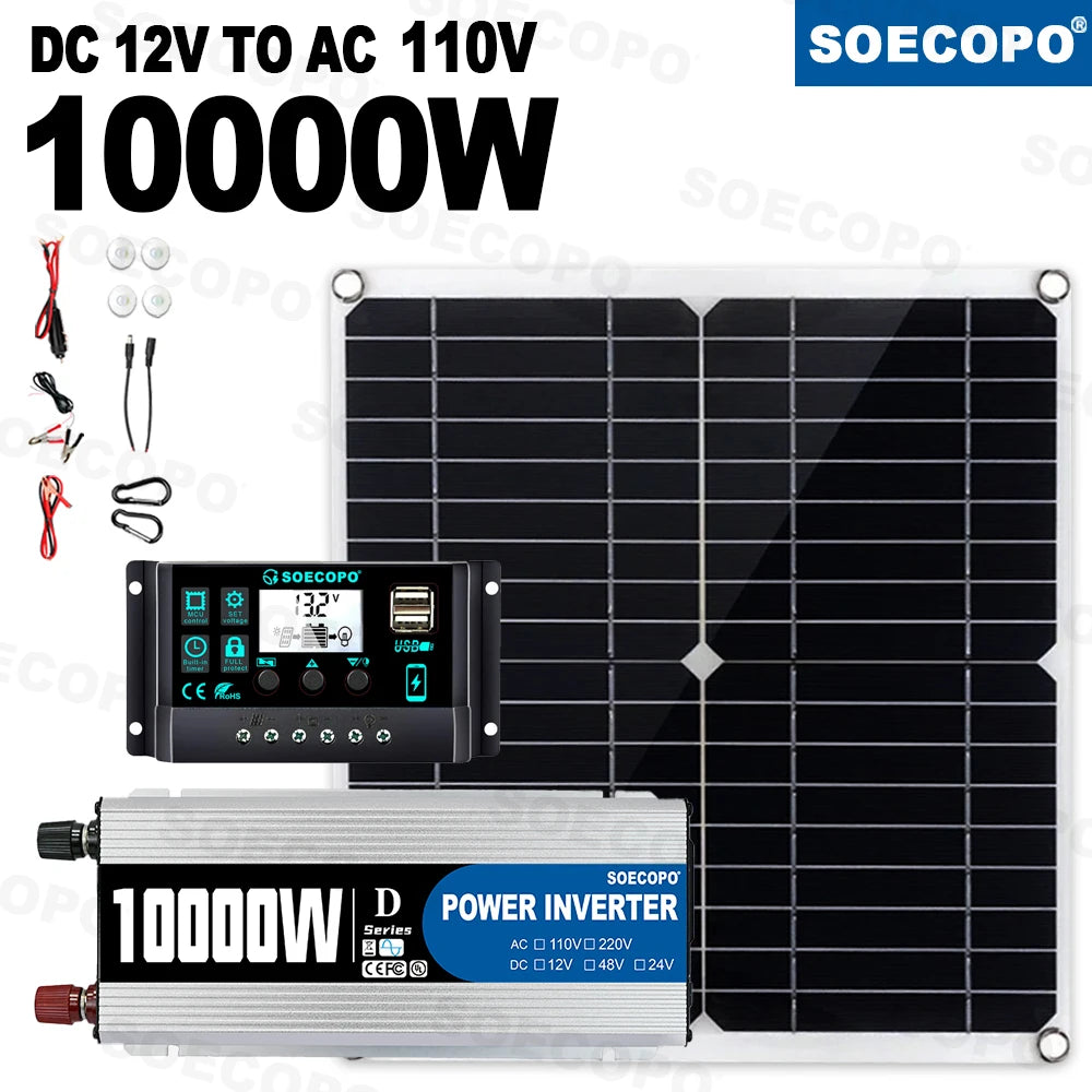 10000W Solar Power Complete Kit 12V To 220V Inverter100A Controller 300W Panel System for Home/RV/Camping  Full House Generator