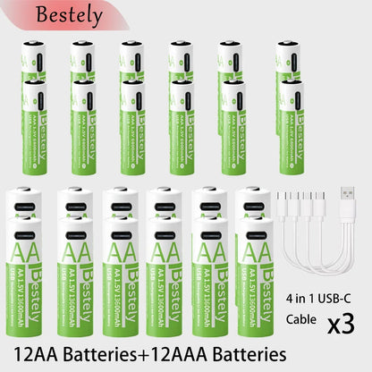 New 1.5V AA 13600mAh+AAA 6800mAh Rechargeable Lithium Batteries Long Lasting USB Li-ion Battery 2000 Cycles with USB- C Cables