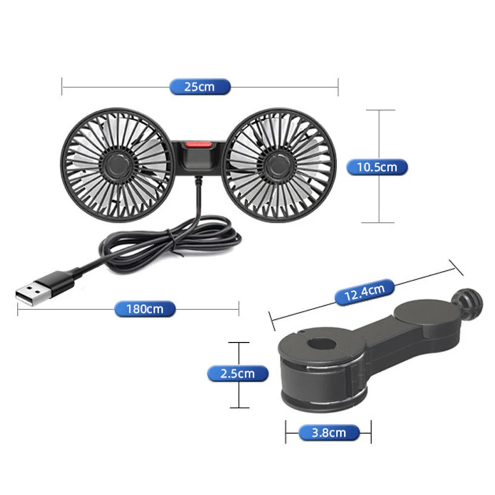 12V/24V Car Powerful Fan USB Charging Auto Headrest Ventilation Fan 360 Degree Rotation Electric Car Cooling Fan for Vehicle SUV