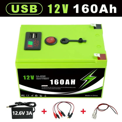 12V 160Ah/180Ah/200Ah 18650 Lithium Battery Pack with USB Port & LED Display, Portable Power Station for RV Boat Solar Storage
