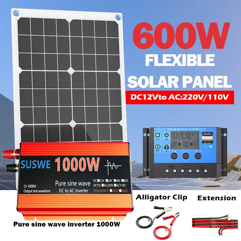 Solar System Kit 1000W 12V to AC 220V/110V Inverter+600W Solar Panel+100A Controller, Suitable for Charging RVs, Cars, Laptops