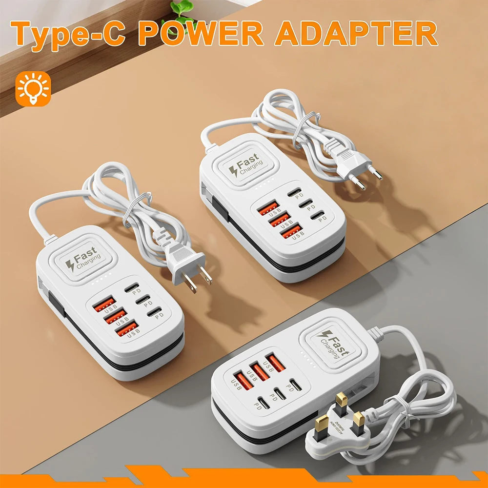 6 Ports USB Fast Charger Power Strip Desktop Charging Station Fast Charging EU/UK/US Plug USB HUB Adapter Socket 3Type C 3USB