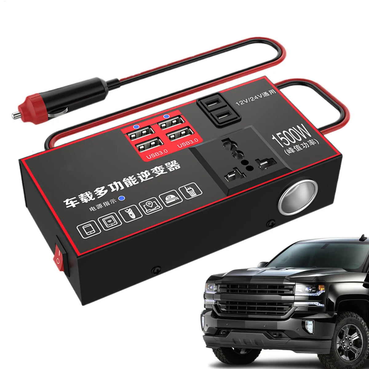 Car Inverter 220V Outlet 1500W Multiple Ports Automobile Adapter USB Charging for Workstation Marine Truck Road Trip Boat Travel