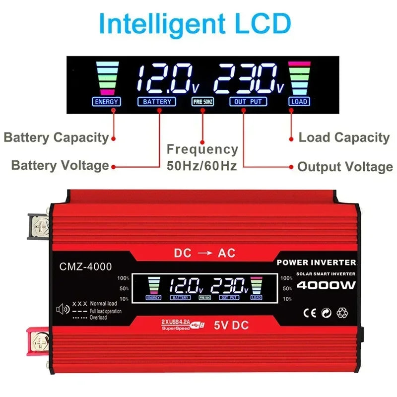 4000W LCD Display Solar Power Inverter 12V to 110V/220V USB Modified Sine Wave Voltage Transformer Car Adapter Charge Converter