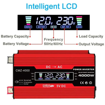 4000W LCD Display Solar Power Inverter 12V to 110V/220V USB Modified Sine Wave Voltage Transformer Car Adapter Charge Converter