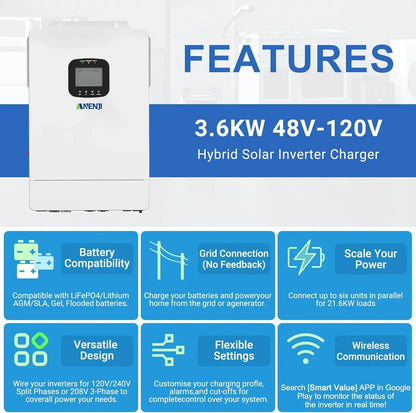 3600W Hybrid Solar Inverter 48V DC to 110V AC, Pure Sine Wave, Built-in 80A MPPT Controller, 98% Efficiency, Support Parallel 6