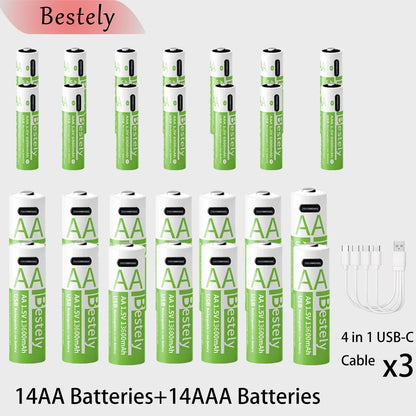 New 1.5V AAA 6800mAh +AA 13600mAh Rechargeable Lithium Batteries Fast Charging USB Li-ion Battery 2000 Cycles with USB- C Cable
