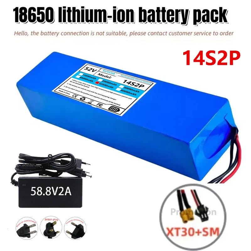 Batterie Li-ion 52V 5200mAH Avec BMS, 14S2P, Batterie 1500W Intégrée Pour Vélos, Scooters, Motos + Chargeur 58,8V2A
