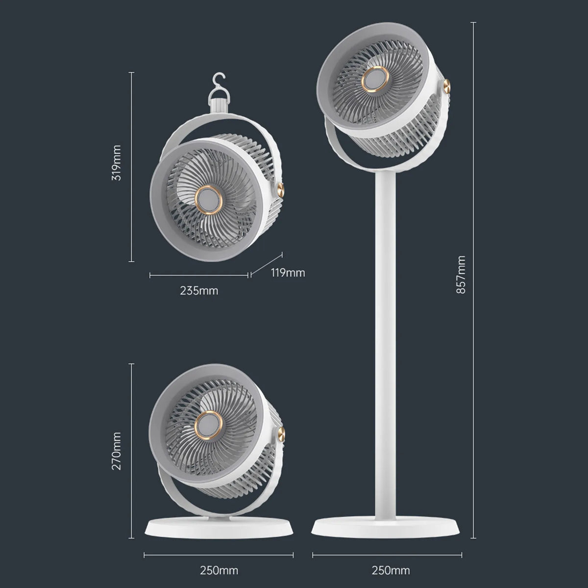 3-in-1 Modern Air Circulator Fan 5 Speeds 360 Degree Rotation Telescopic Floor Fan with Night Light USB Rechargeable Desk Fan
