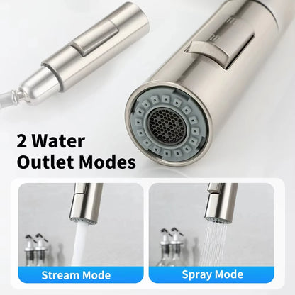 Silver/black stainless steel pull-out hot and cold water sink/washbasin faucet, suitable for kitchens, with splash-proof design.