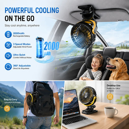 Rechargeable Car Clip Fan 2000mAh USB Cooling Fan 360° Rotation Portable Fan with 3 Speeds Strong Wind for Office Travel Camping