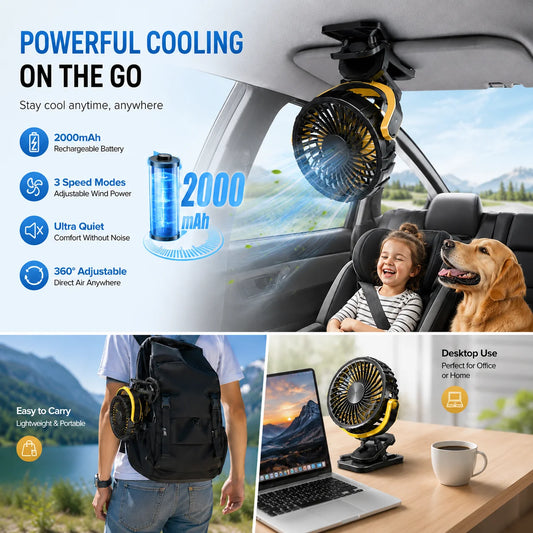 Rechargeable Car Clip Fan 2000mAh USB Cooling Fan 360° Rotation Portable Fan with 3 Speeds Strong Wind for Office Travel Camping