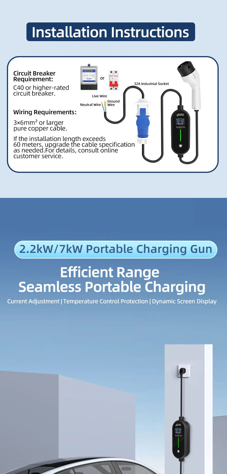 ROMADA 3.5KW 16A Type2 EV Portable Charger Gun 5M 10M Cable EVSE Wallbox Adapter EU Plug Electric Vehicle Home Charging Station