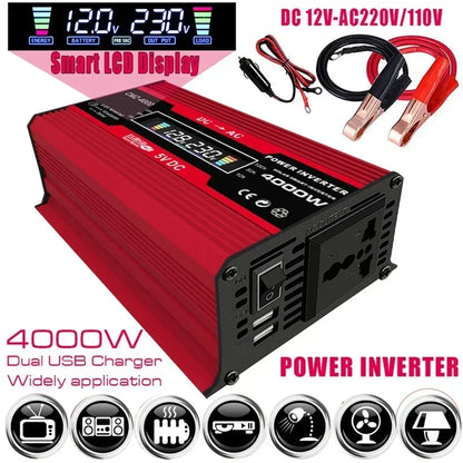 4000W LCD Display Solar Power Inverter 12V to 110V/220V USB Modified Sine Wave Voltage Transformer Car Adapter Charge Converter
