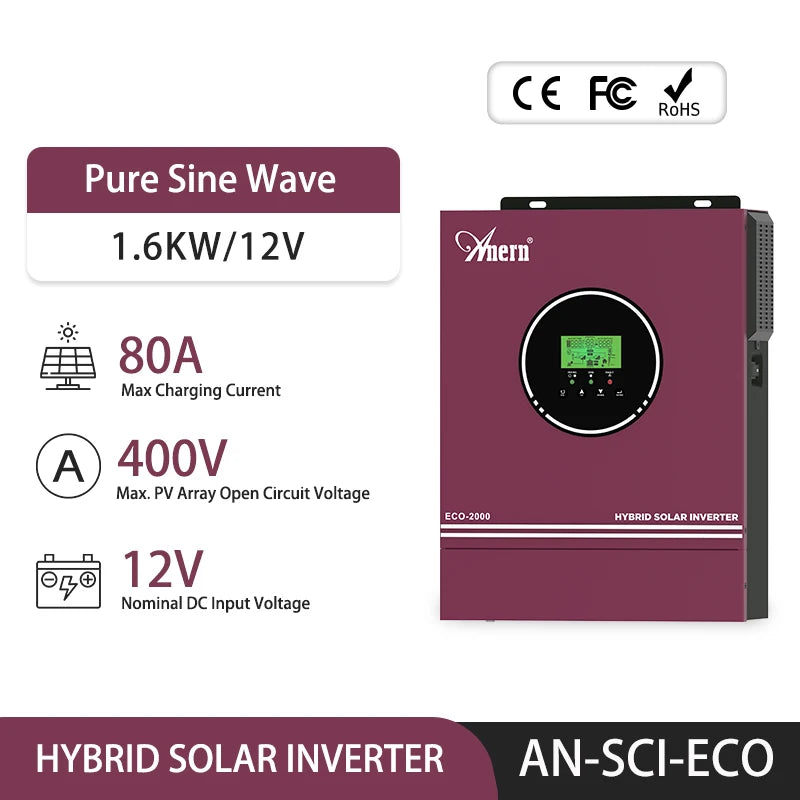 Anern 3000W 1600W 1500W 1000W Hybrid Inverter 24V 12V Buil in 80A MPPT Off Grid Solar Inverters MAX PV 400Vdc 150Vdc