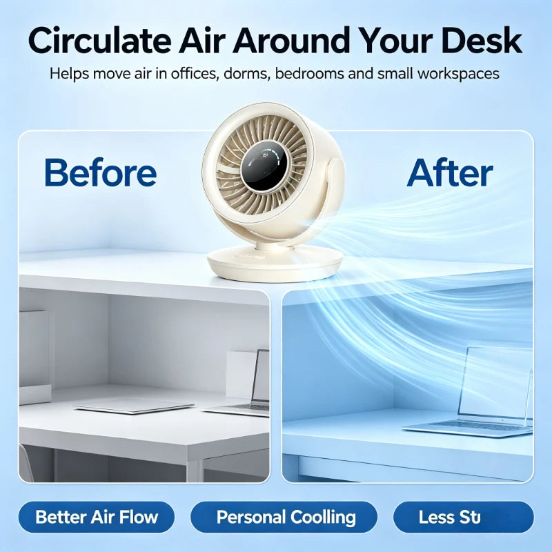 USB Rechargeable Air Circulator Fan with Digital Display Long Battery Life Small Desk Fan for Office Dorm Home Portable