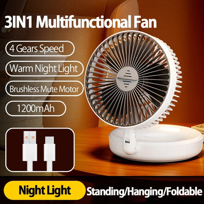 2026New Rechargeable 3IN1 Multifunctional Portable Fan Wall Mounted Fan 90° Folding Fan 4 Gears With Warm Night Light
